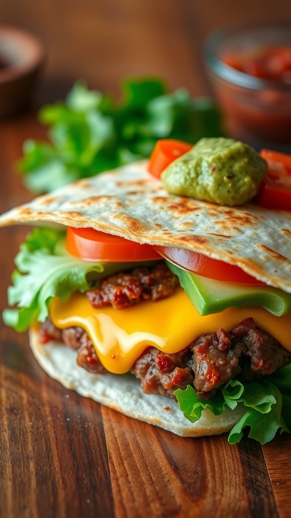A quesadilla burger with melted cheese and toppings, served with guacamole and salsa on a rustic table.